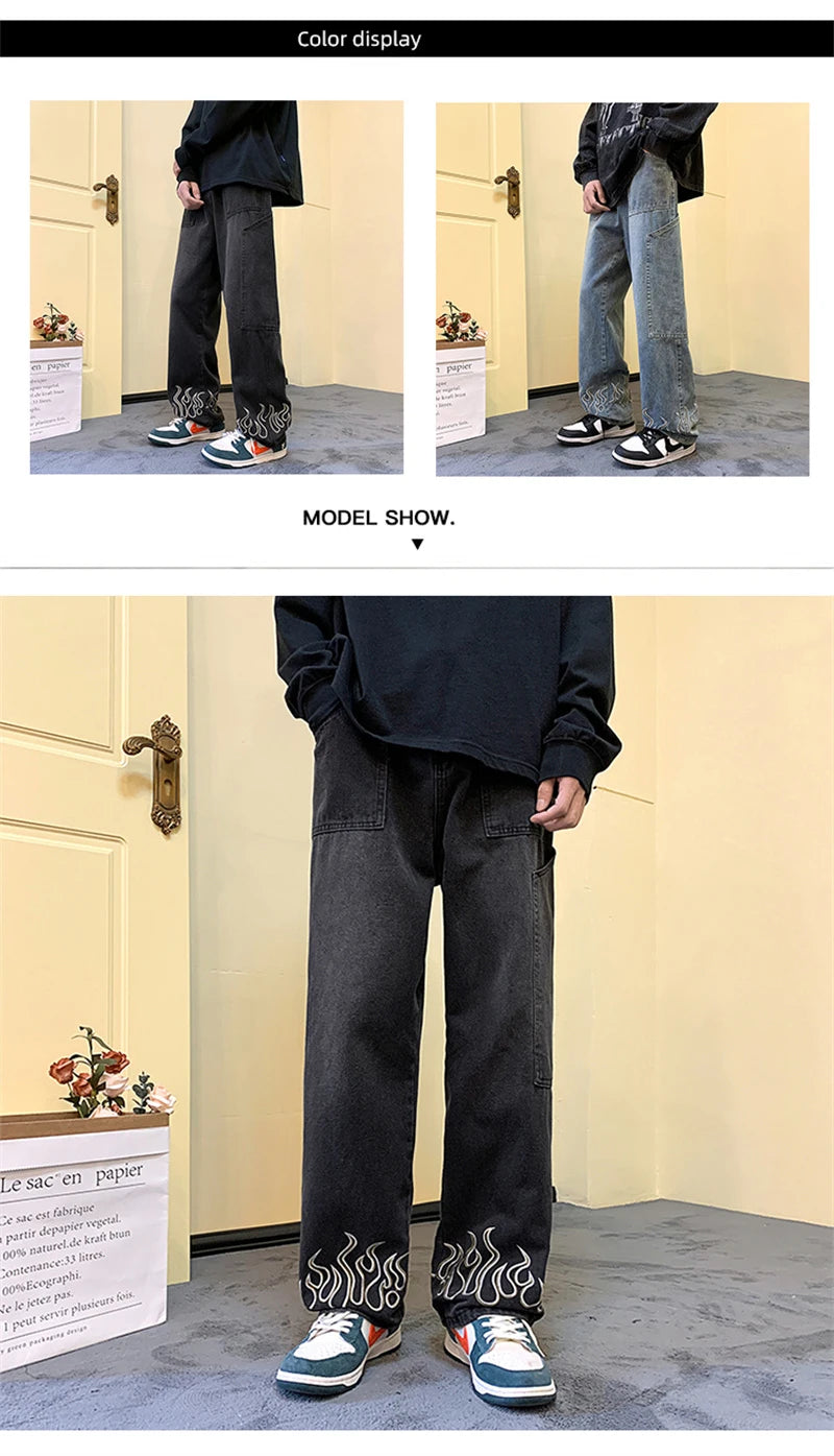 Y2K Vintage Flame Printed Jeans For Men Baggy Streetwear Wide Leg Denim Trousers 2024 New Hip Hop Fashion Straight Pantalones