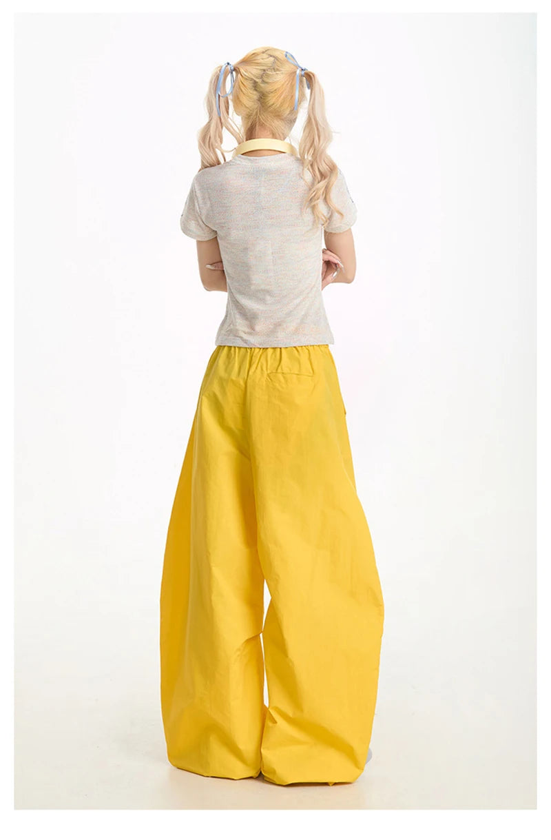 Zoki Streetwear Yellow Cargo Pants Women Vintage Letter High Waist Y2K Wide Leg Trousers High Quality Loose Paratrooper Pants