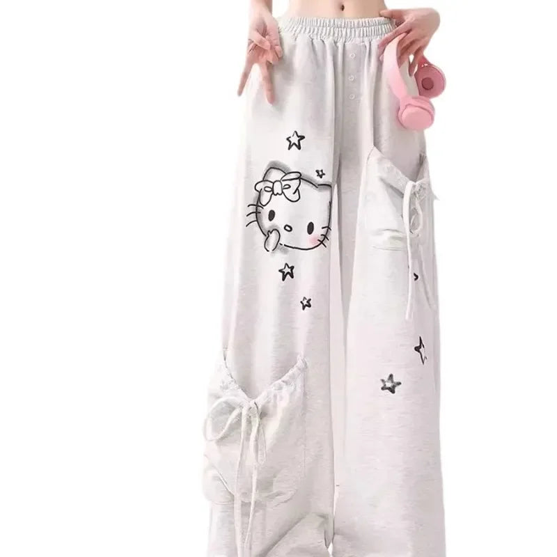 Big Pockets Hello Kitty Y2k Baggy Pants Kawaii sanrio Graffiti Wide Leg Trousers Oversize Sports Streetwear Sweatpants For Women