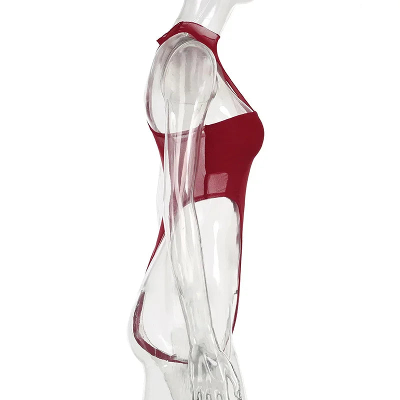Red Lingerie Sexy Bodysuit Transparent Mesh Body Feminino Neck-mounted One-pieces Backless Tops For Women Y2k Clothes Bustier