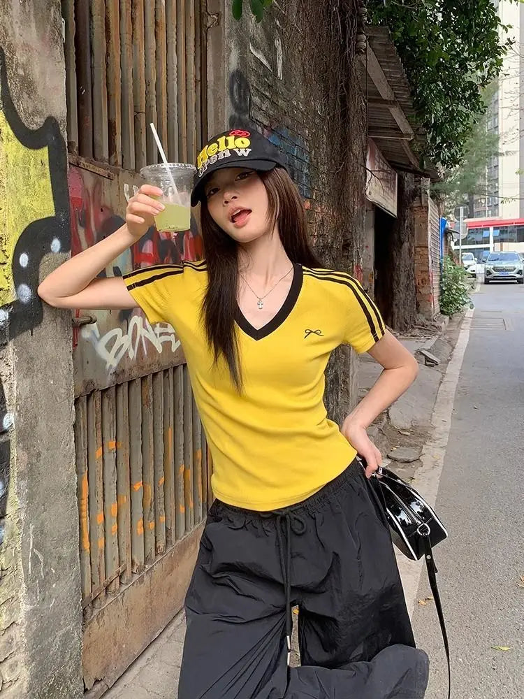 Women Clothing Summer Fashion Casual Striped Color Blocking V-neck Ladies Ladies Simplicity All-match Appear Thin Short Sleeve