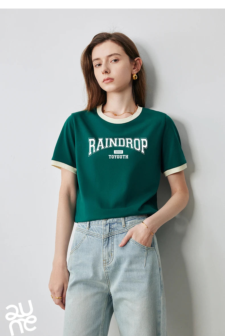 TOYOUTH Women Short Sleeve T shirt 2025 Summer New Color Blocked Letter American Style Antibacterial Cotton Tops GT5210004