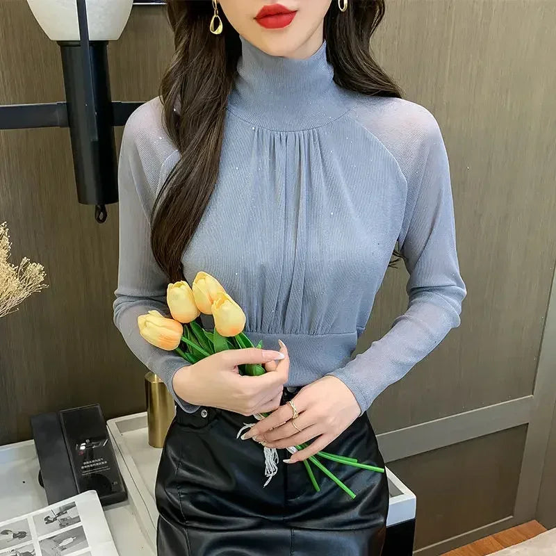Sequin Long Sleeve T Shirt for Women Rhinestone Slim Plain Glitter Tops Woman Korean Popular Clothes With Sleeves Pulovers Kpop