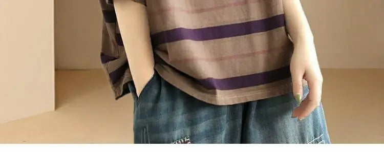 Contrast Color Striped Short-sleeved T-shirt for Women 2025 Summer New Loose Plus Size Top