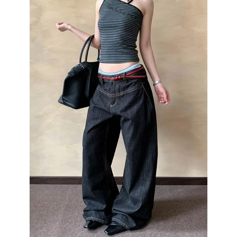 American Retro Primary Color Scimitar Jeans Women's Summer New High Street Design Loose and Thin Wide Leg Floor Pants