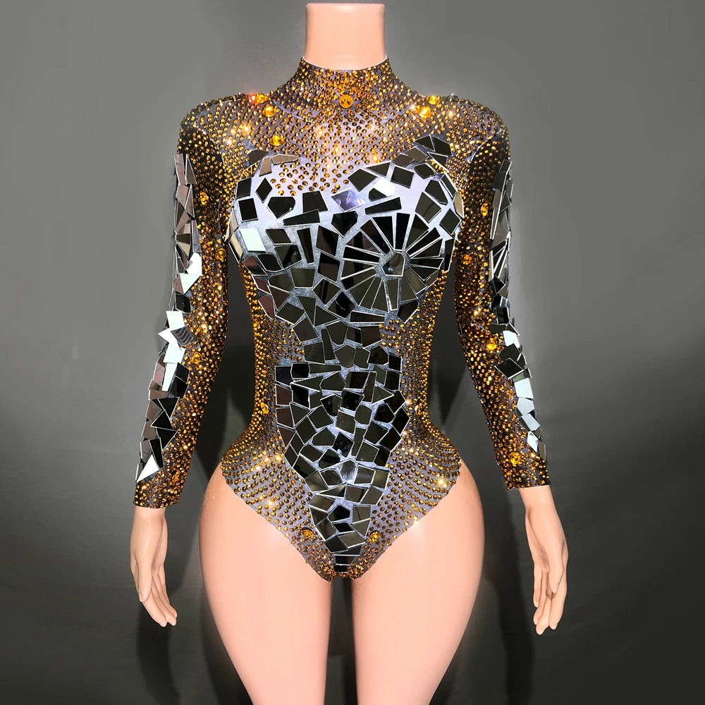 Shining Gold Rhinestones Mirrors Bodysuit Women's Birthday Celebrate Party Outfit DS Bar Singer Dancer Show Performance Costume