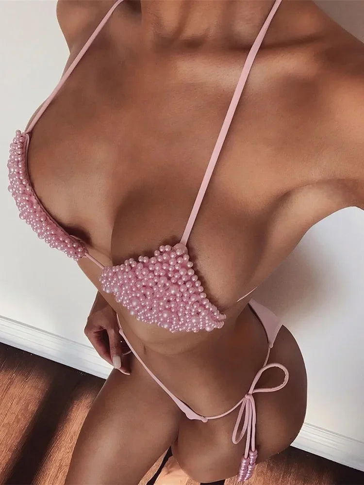 Sexy Halter Luxury Pearl Bikini Female Swimsuit Women Swimwear Two-pieces Bikini set Mini Micro Bather Bathing Suit Swim Lady
