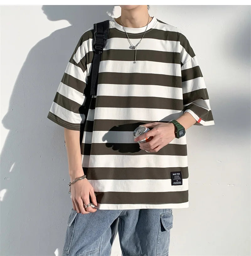 Men's Cotton T-shirt Striped Mens Oversized T Shirts Split Hem Fashion Tee Shirts Casual Wear Summer Tshirt 5XL Big Size for Man