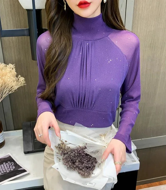 Sequin Long Sleeve T Shirt for Women Rhinestone Slim Plain Glitter Tops Woman Korean Popular Clothes With Sleeves Pulovers Kpop