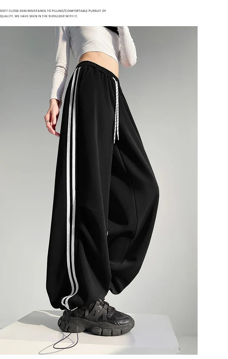 New 2025 American Stripe Sports Pants Women's Spring Autumn Wide Leg Loose Jazz Dance Casual Parachute Long Trousers