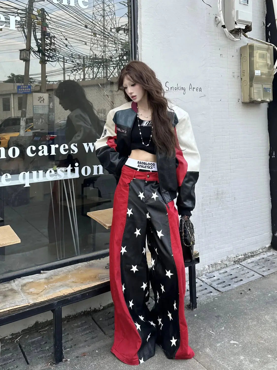 2025 Fall Winter Y2K Sweet Grunge Star Print PU Leather Patchwork Jeans Women Oversized Baggy Streetwear Wide Leg Pants