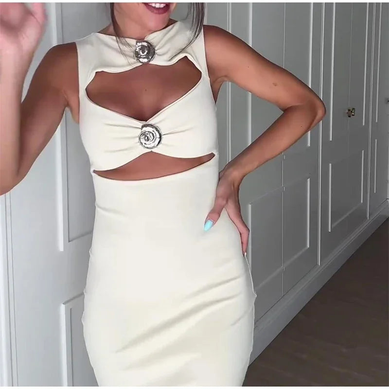 Fashion Hollow Out Strapless Long Dress For Women Elegant  Sleeveless Slim Bodycon Evening Party Dress Female Club Chic Vestidos