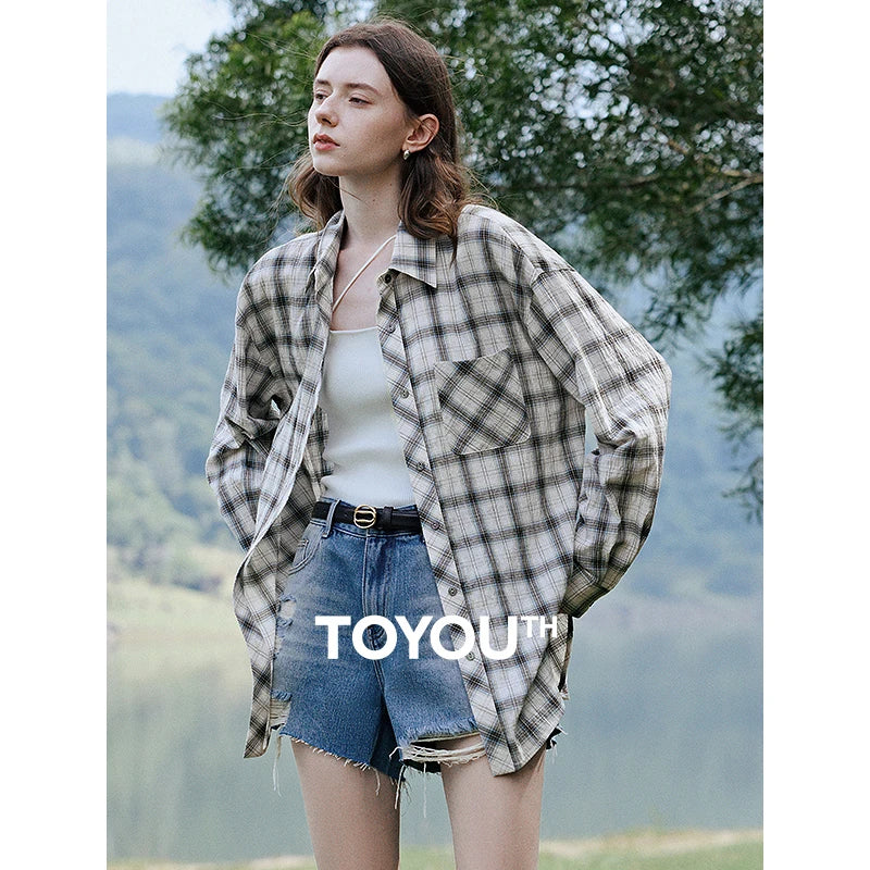 TOYOUTH Women Long Sleeve Blouse Shirt 2025 Spring New Cotton Plaid Retro Turn Down Collar Casual Shirt Tops