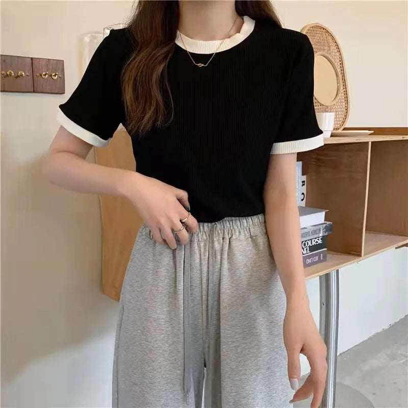 Summer Women Pure Color Short Sleeve T-shirt Elastic Slim Fit Large Round Neck Thin Body Shirt Top Korean Style Casual Comfort