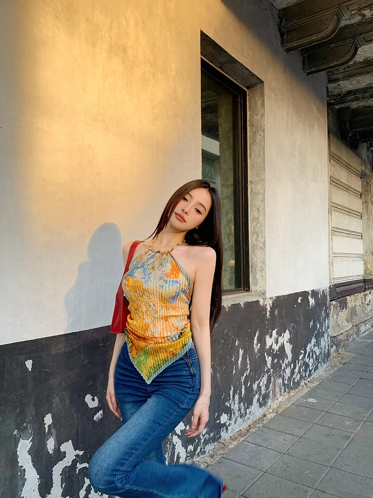 Tonngirls Vintage Tie Dye Tank Tops Women Sleeveless Lace Up Y2k Retro Camis Tops Backless Summer Korean Style Tank Tops 2000s