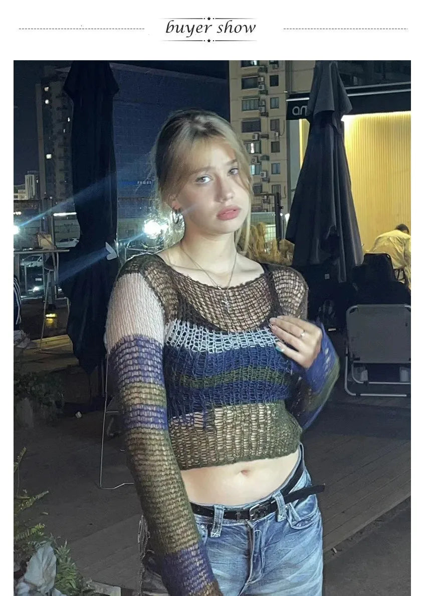Karrram Y2k Aesthetics Crop Knit Tops Vintage Grunge Hollow Out Jumpers Japanese 2000s Hole Pullover Korean Dongdaemun Knitwear