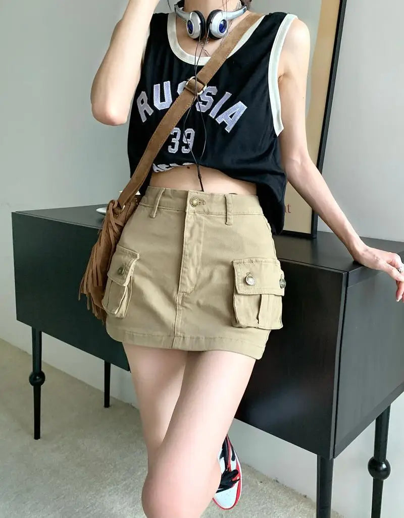 2025 new cargo khaki skirts with pocket woman streetwear clothing women's skirt korea straight skirt women high-waist A-line