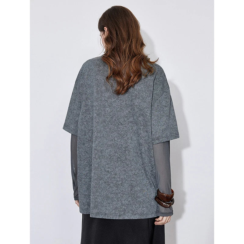 TOYOUTH Women T shirt 2025 Spring New Fake Two Piece Printed Round Neck Fashionable Pullover T shirt