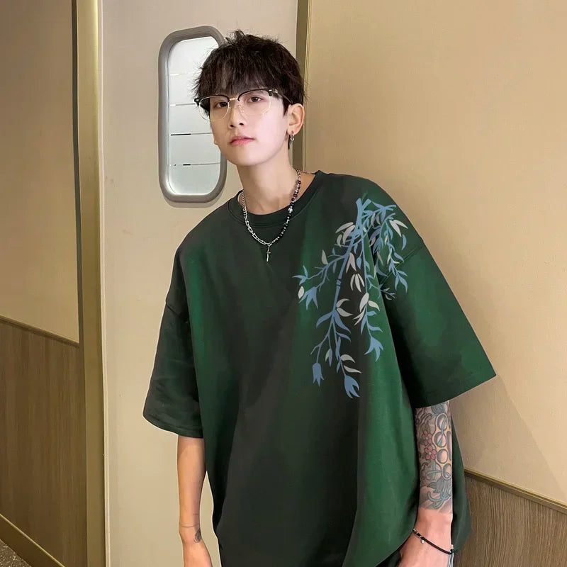 Men's Oversized T-shirts Mens Cotton T Shirt White 5XL Casual Summer Wear Fashion Bamboo Print Tee Shirts for Men Clothing