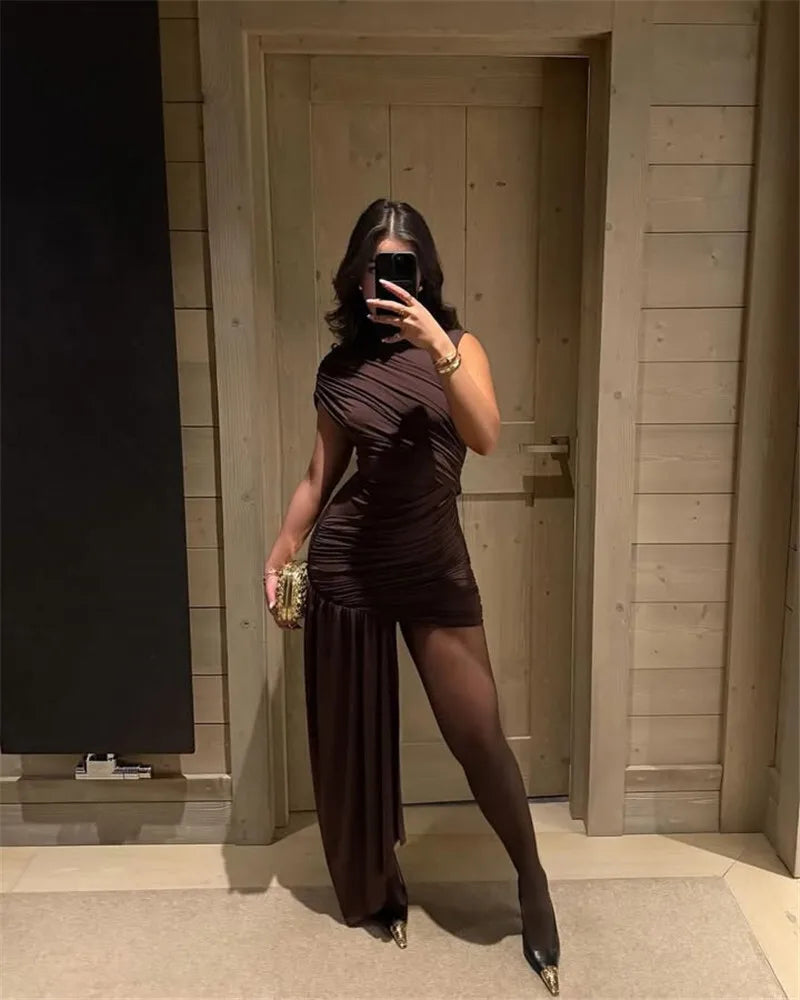 Mozision Irregular Draped Ruched Sexy Mini Dress For Women Elegant Turtleneck Sleeveless High Waist Pleated Club Party Dress