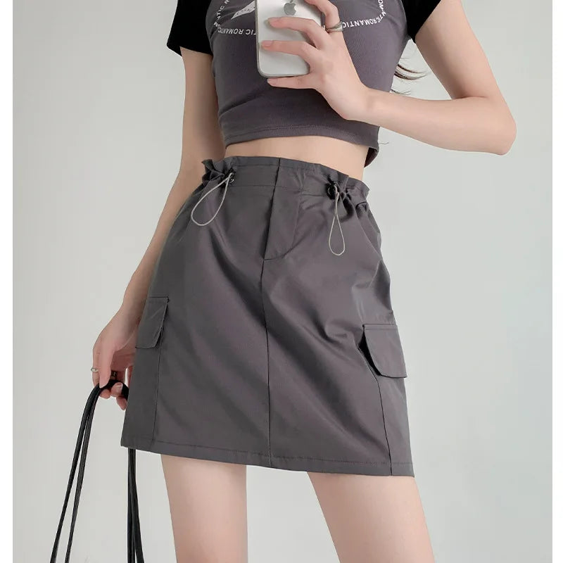 Designer drawstring cargo skirt woman A-line dress with pocket zipper fly korean reviews many girls clothes skirt shorts