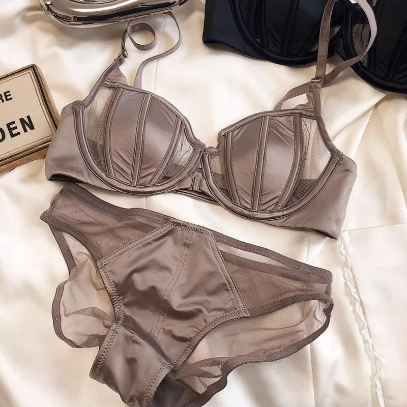 Women Bra and Panty Set Satin Silk Gather Push Up Lingerie Mesh Push Up Front Button Bra Adjustable Strap Thin Cup Underwear
