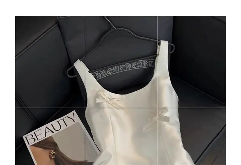 Women Elegant Mini Dress Satin Bow Decor Sleeveless Square Neck Slim Fit Suit French Style Party Club Night Summer Outfit