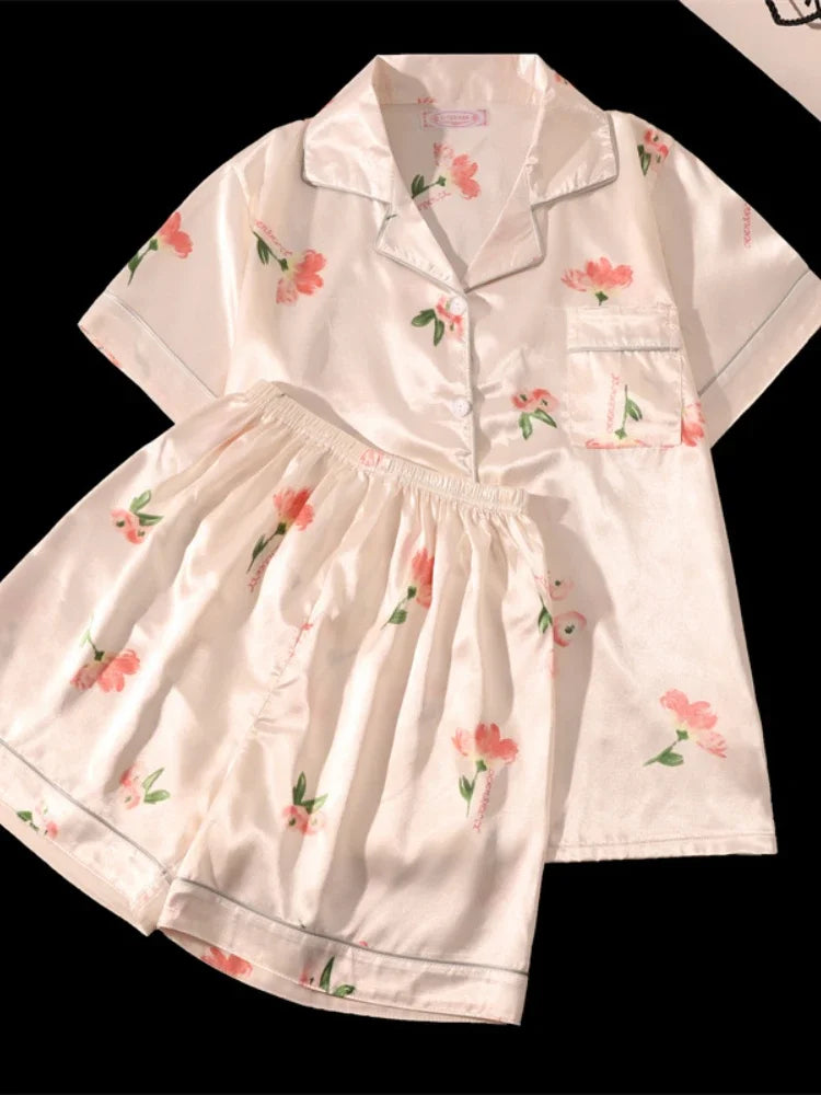 Women's 2pcs Cute Print Short Sleeve Button Top and Shorts Pink Sleepwear Soft Comfy Homewear Casual Loungewear Pajama Set