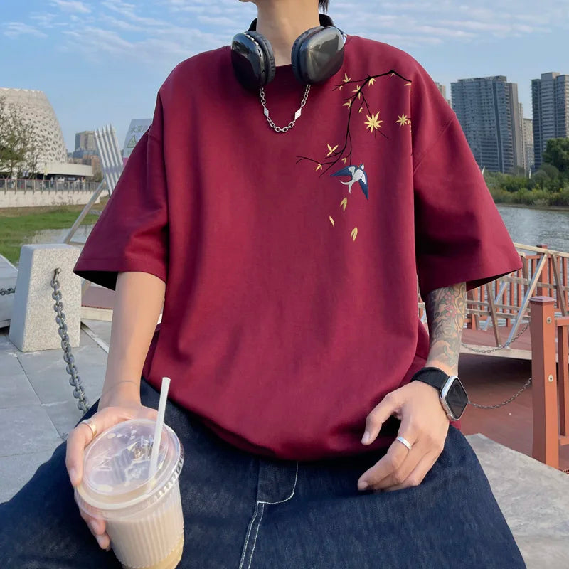 Men's Oversized T-shirts Mens Cotton T Shirt White Casual 5XL Summer Wear Fashion Bird Print Tee Shirts for Men Clothing