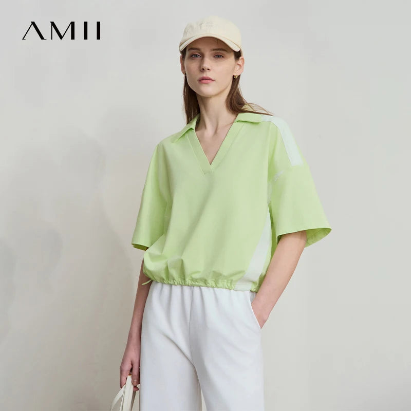 Amii Minimalist Cotton T-Shirts For Women 2025 Summer New V-Neck Pullover Loose Short Shoulder Sleeve Chic Commute Tops 12552001