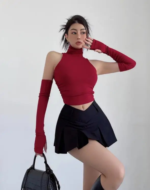 Spring Summer Top Sexy Tank Top Spicy Girl Sleeves High Neck Pleated Club Crop Top Women tshirt Skinny Streetwear Y2k Clothing