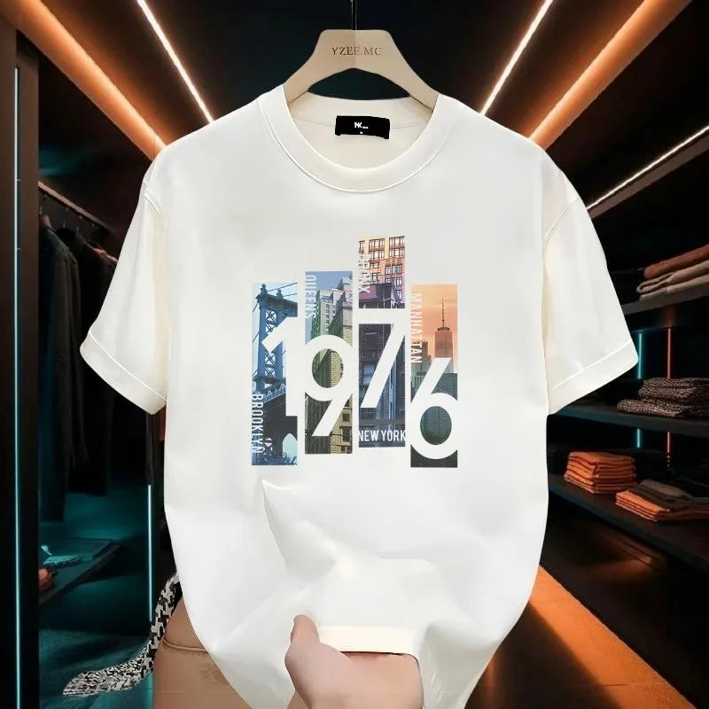 Summer Men's Cotton T-shirt Oversized Loose  Retro Trendy Printed Top High Quality Men's Clothing High Street Fashion Sweatshirt