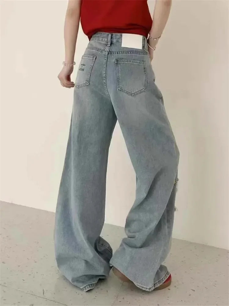 Women's Casual Sweet Ripped Harajuku Loose Fit Jeans Vintage Y2K Damage Emo Cartoon Print Pants Trashy Kpop Denim Trouser