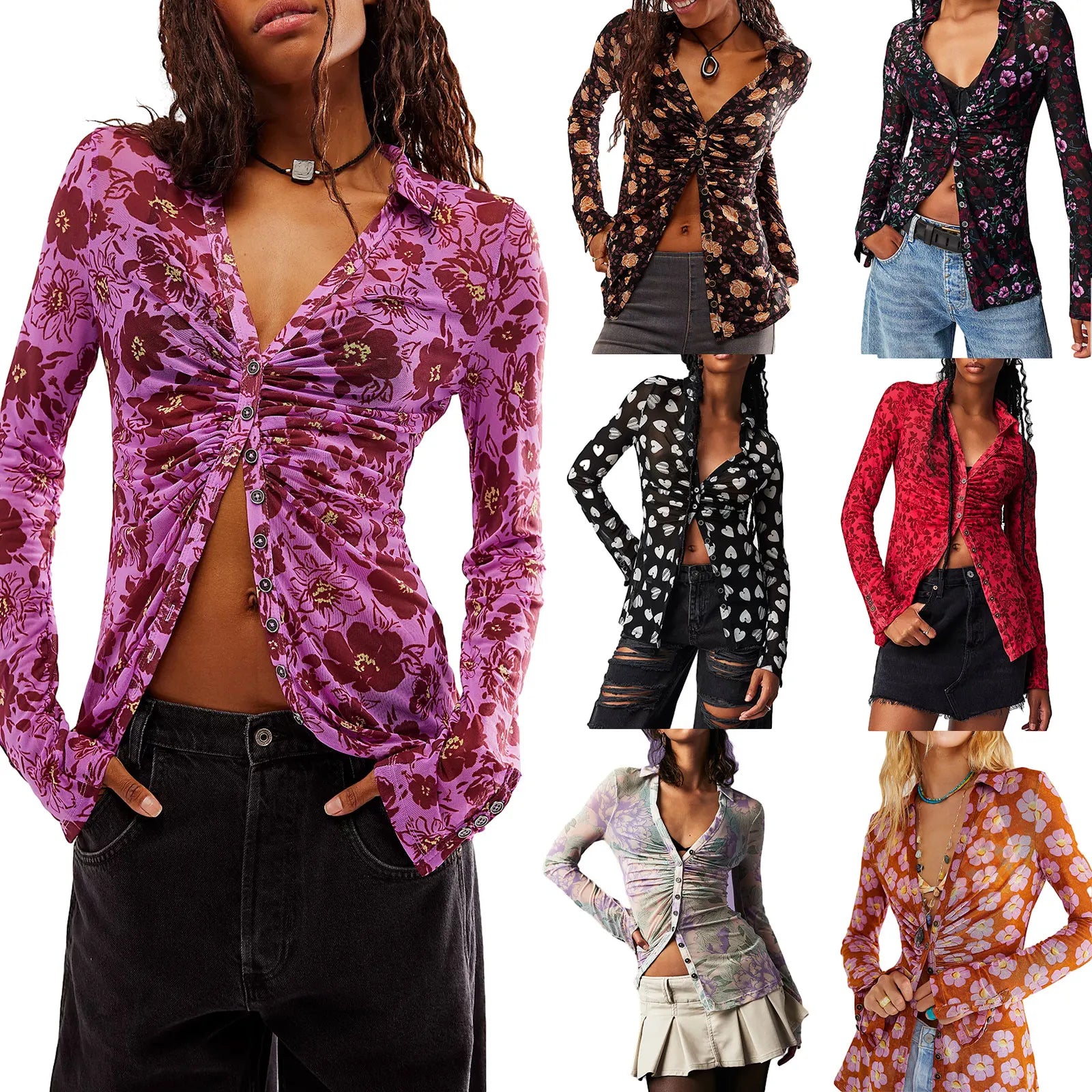 Y2k Women Retro Floral Print Shirts V Neck Long Sleeve Ruched Blouses Button Down Slim Fit Crop Tops Fairy Grunge Streetwear