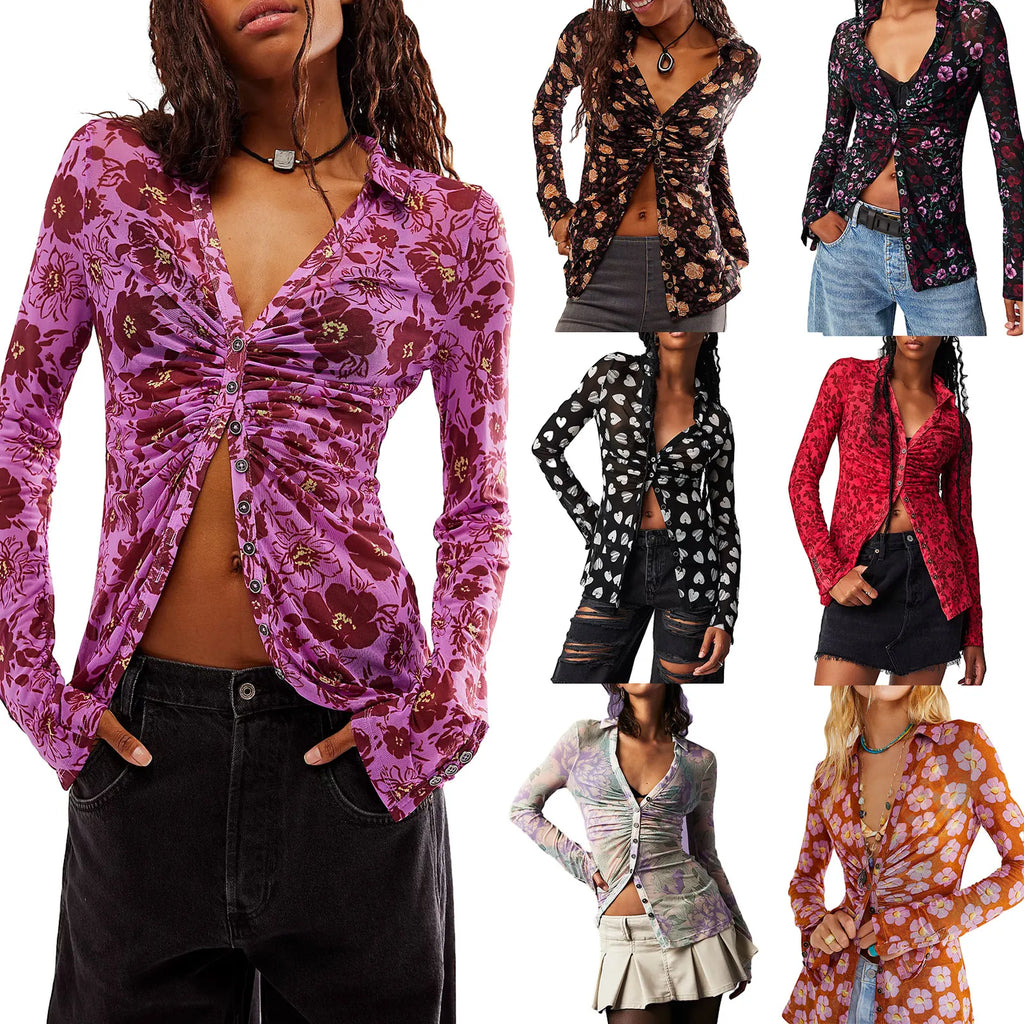 Y2k Women Retro Floral Print Shirts V Neck Long Sleeve Ruched Blouses Button Down Slim Fit Crop Tops Fairy Grunge Streetwear