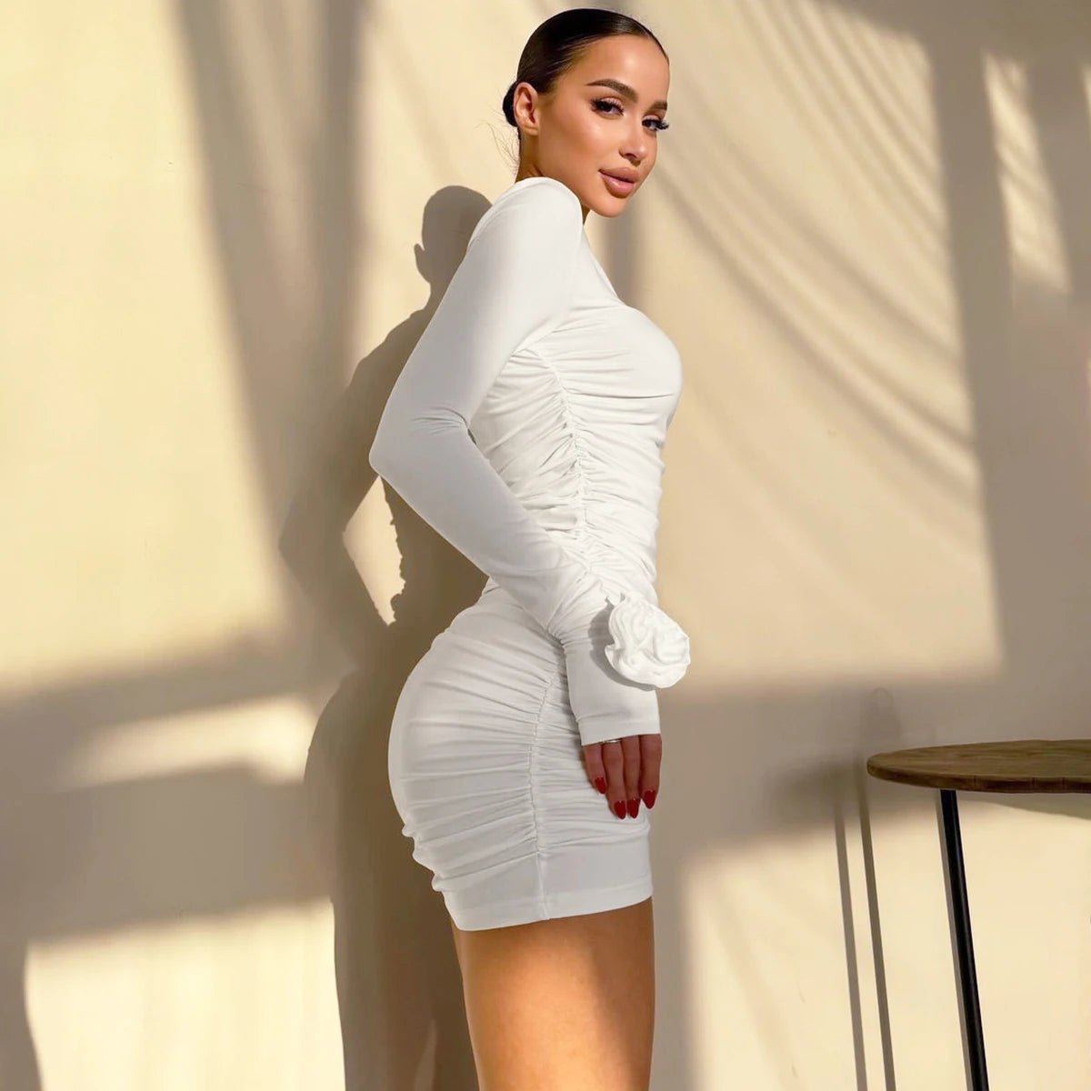 Hugcitar 2025 Elegant Solid Long Sleeve Tie Flowers Sexy Bodycon Pleated Mini Dress Spring Women Outfits Birthday Party Festival