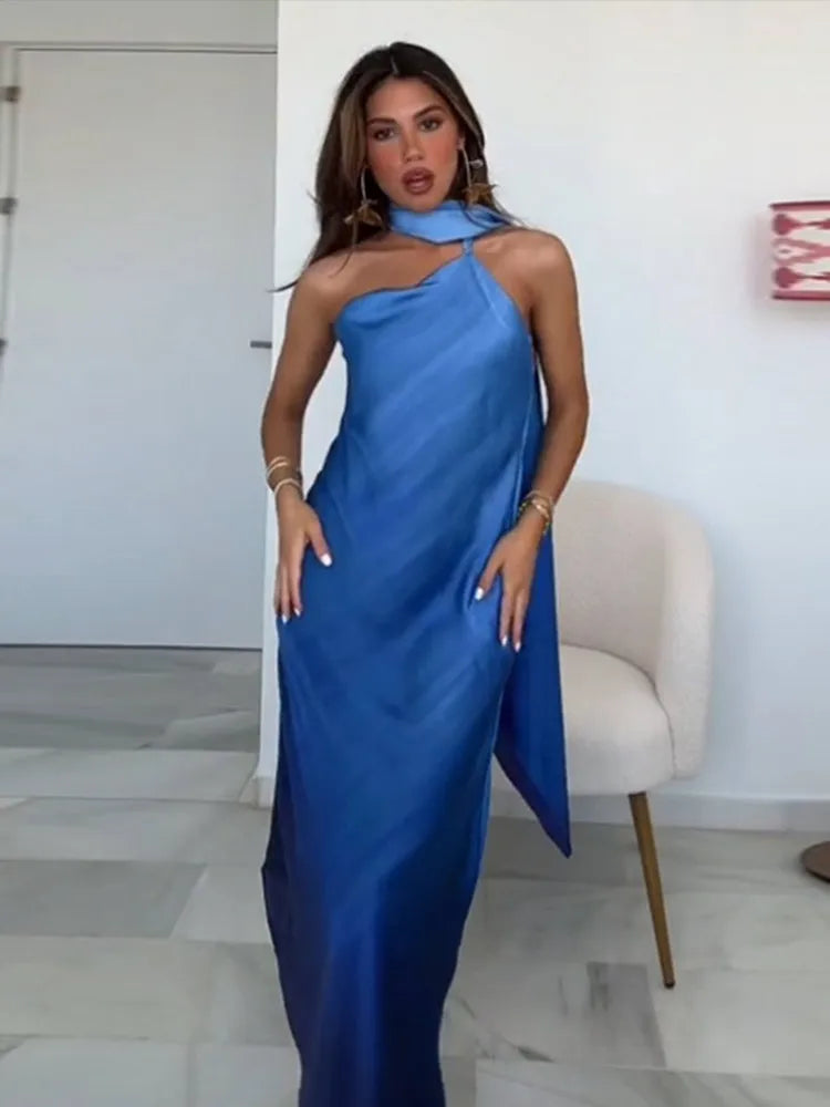 Scarf Collar Sleeveless Evening Dresses Women Backless Sexy 2025 Spring Loose High Waist Holiday Party Dress Female Elegant Robe