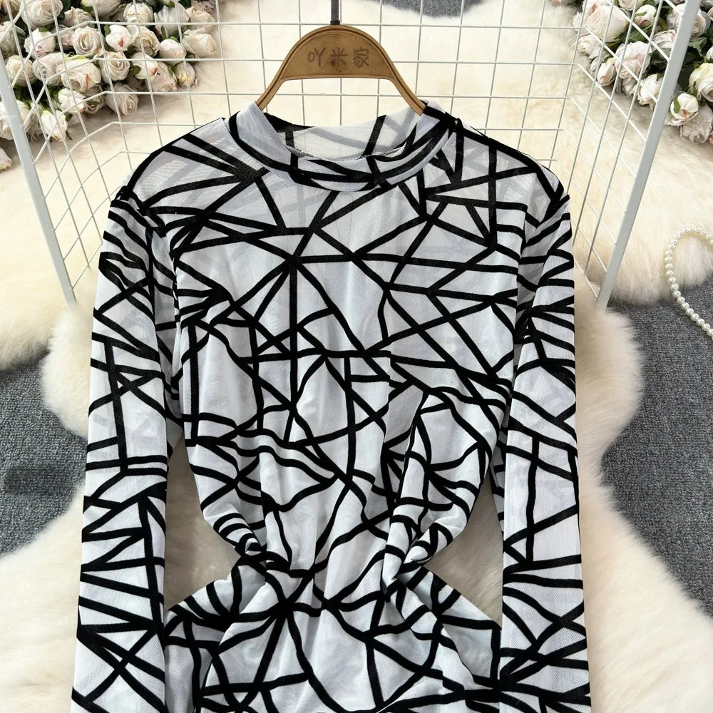 Foamlina Sexy Hollow Out Mesh Bodysuits for Women Fashion Striped Print Stand Collar Long Sleeve Slim Fit Club Party Jumpsuits