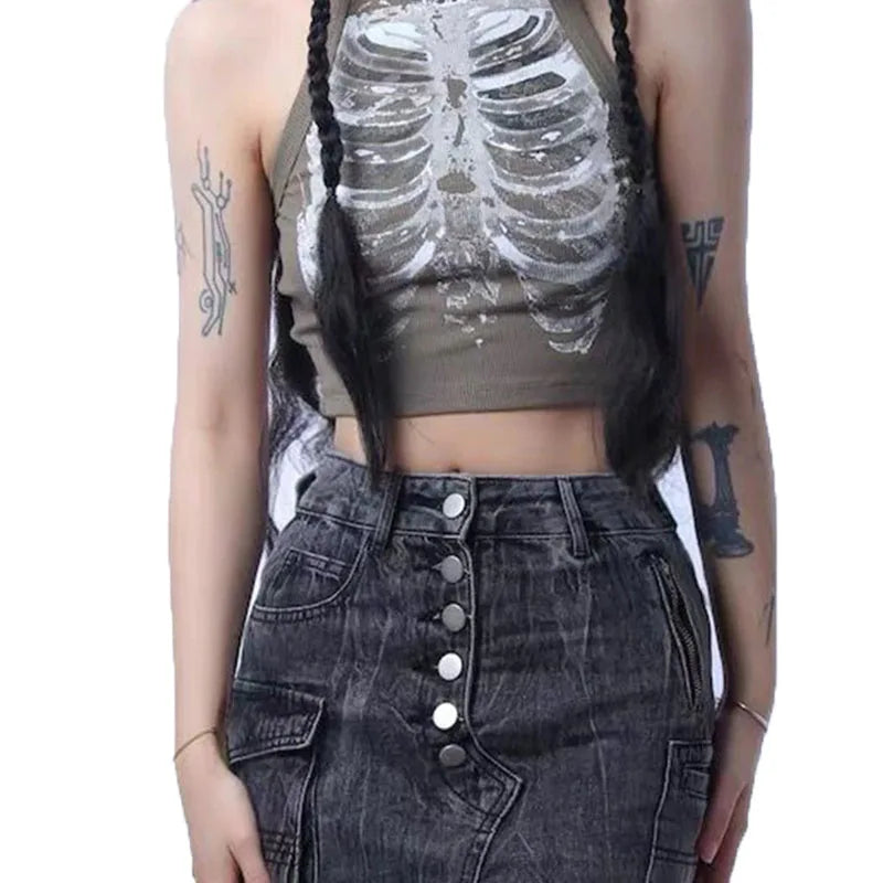 Punk Aesthetic Cyber Retro X-ray Skeleton Print Rib Sleeveless Vest ArmyGreen Crop Top Designer Clothes Women 2023 Summer Emo