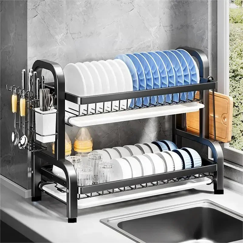 Kitchen 2nd floor storage cutlery and bowl rack set with cutlery rack, large anti rust cutlery drainage board