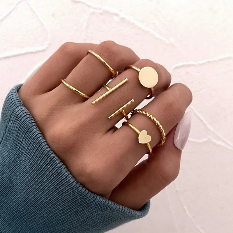 Vintage Shiny Zircon Butterfly Heart Ring Set Gold Color Boho Elegant Eyes Moon Geometric Rings Women Party Jewelry