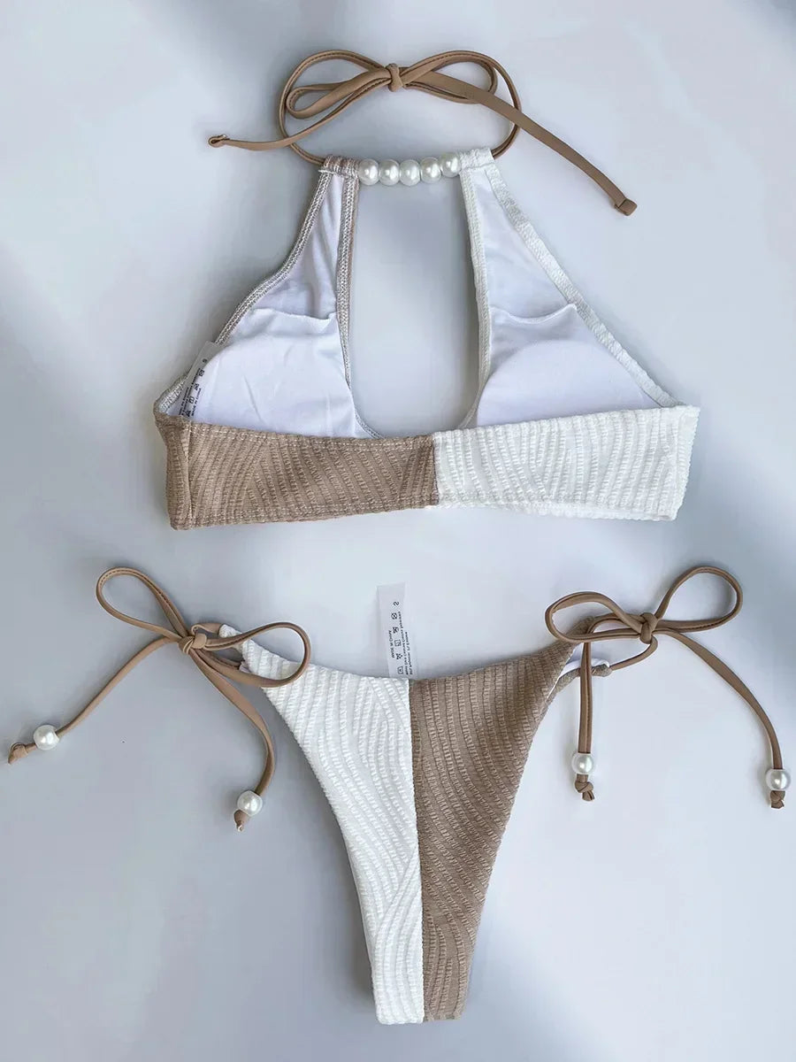 XS - L Splicing Halter Hollow Out Ribbed Bikini Female Swimsuit Women Swimwear Two-pieces Bikini Set Pearls Bathing Suit Swim