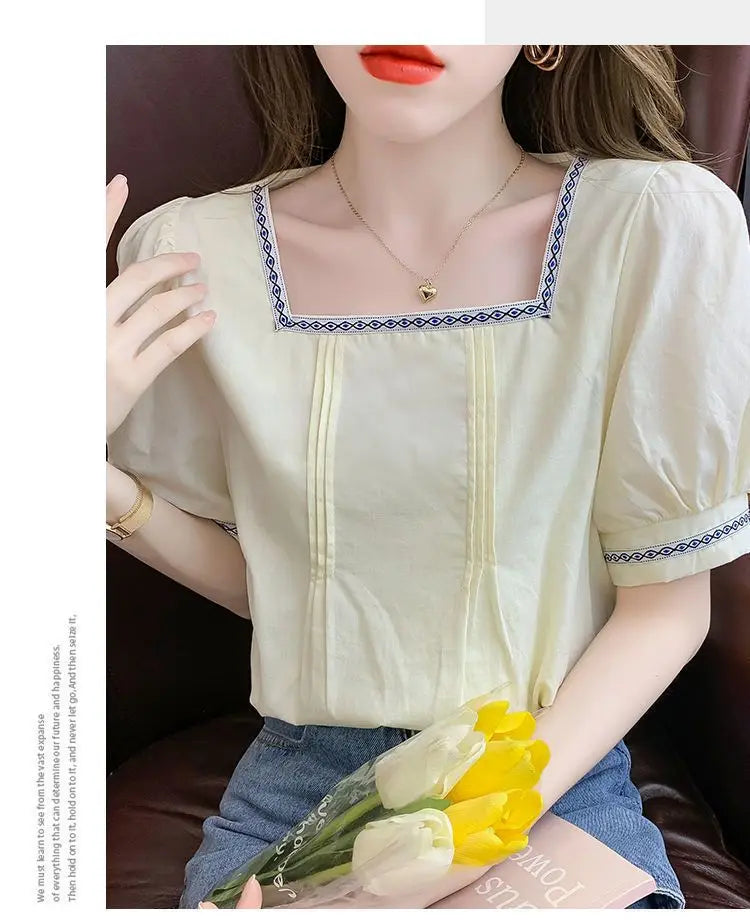 Women Clothing Summer Korean Fashion Embroidered Solid Color Square Collar Puff Sleeve Femme All-match Pleated Short Sleeve Tops