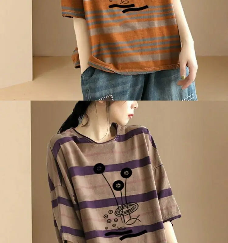 Contrast Color Striped Short-sleeved T-shirt for Women 2025 Summer New Loose Plus Size Top