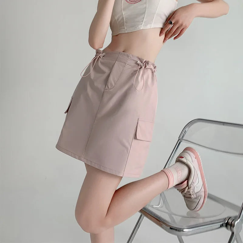 Designer drawstring cargo skirt woman A-line dress with pocket zipper fly korean reviews many girls clothes skirt shorts