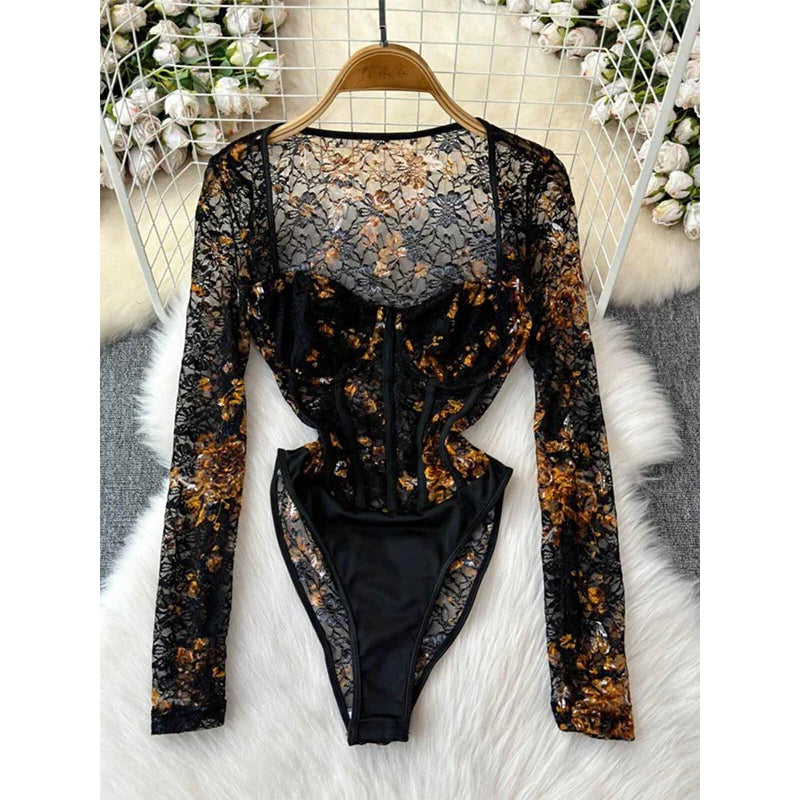 Women's Green Lace Jumpsuits Vintage Skinny Playsuits Harajuku Long Sleeve Square Collar Exotic Sexy Rompers Coquette Clothes