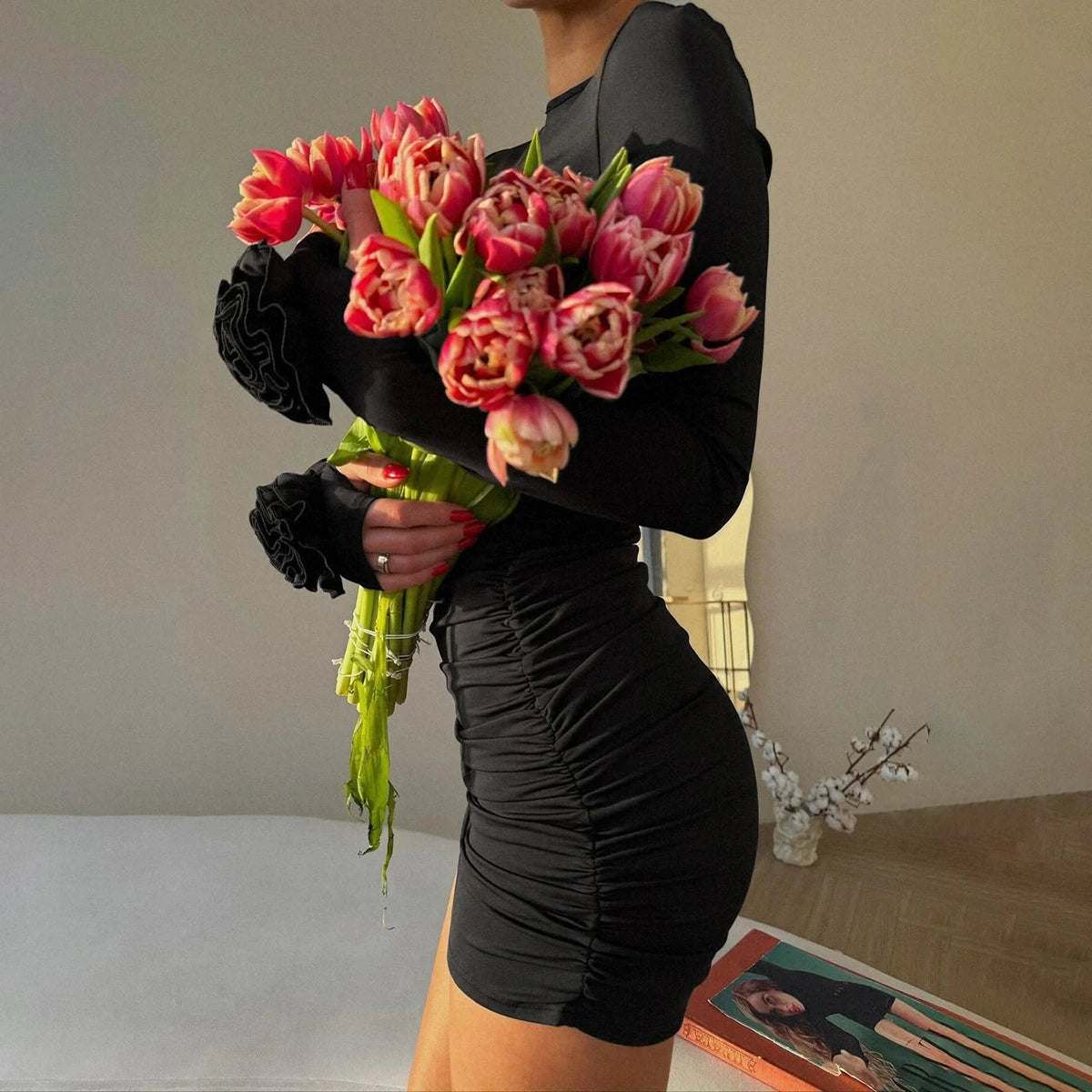 Hugcitar 2025 Elegant Solid Long Sleeve Tie Flowers Sexy Bodycon Pleated Mini Dress Spring Women Outfits Birthday Party Festival