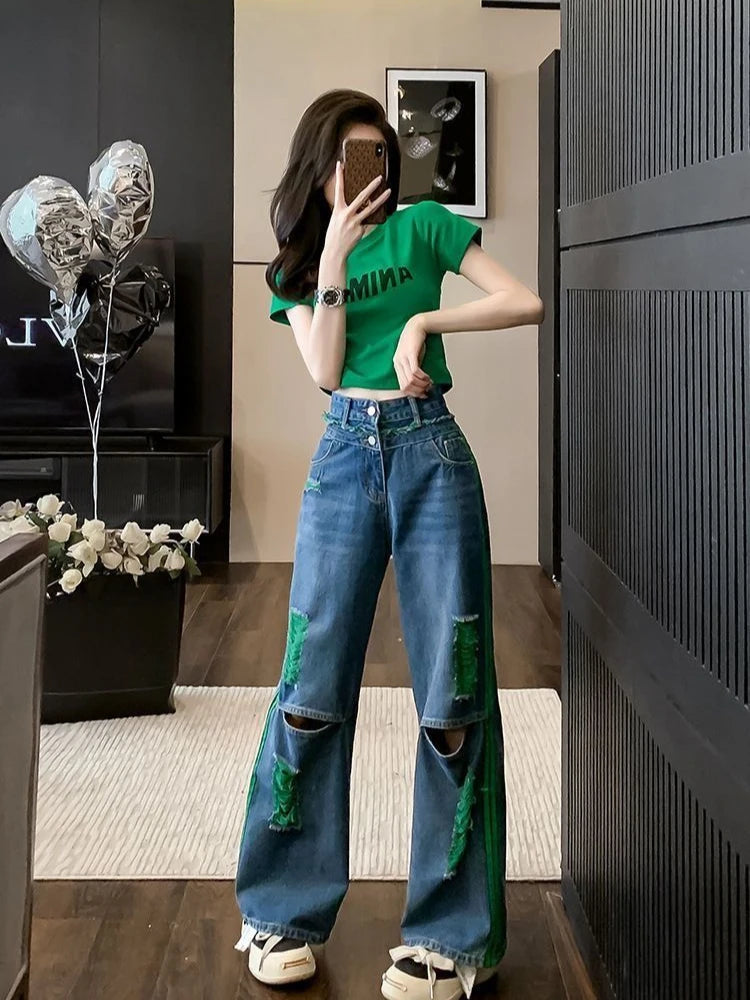Wide Leg Denim Pants for Women Straight High Waist Shot Trousers Loosefit Fitted 2025 Quality Korean Fashion Woman Ripped Jeans