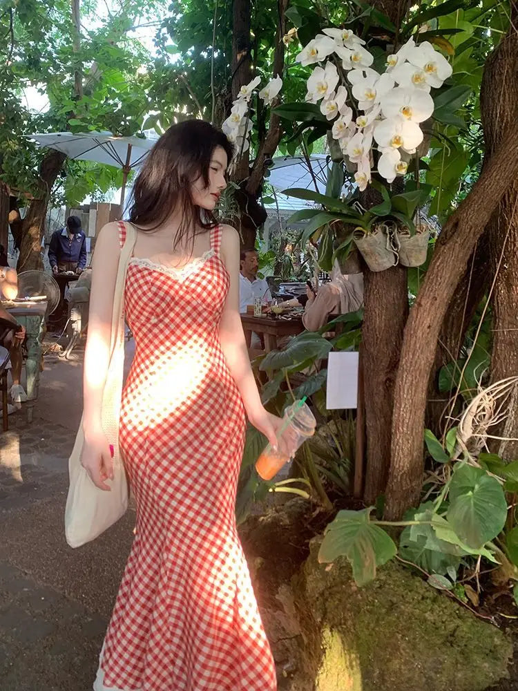 Women Summer Red Plaid Maxi Dress Spaghetti Strap Lace Trim Ruffle Hem Slim Fit Long Dress Elegant Vacation Beach Outfit 2025