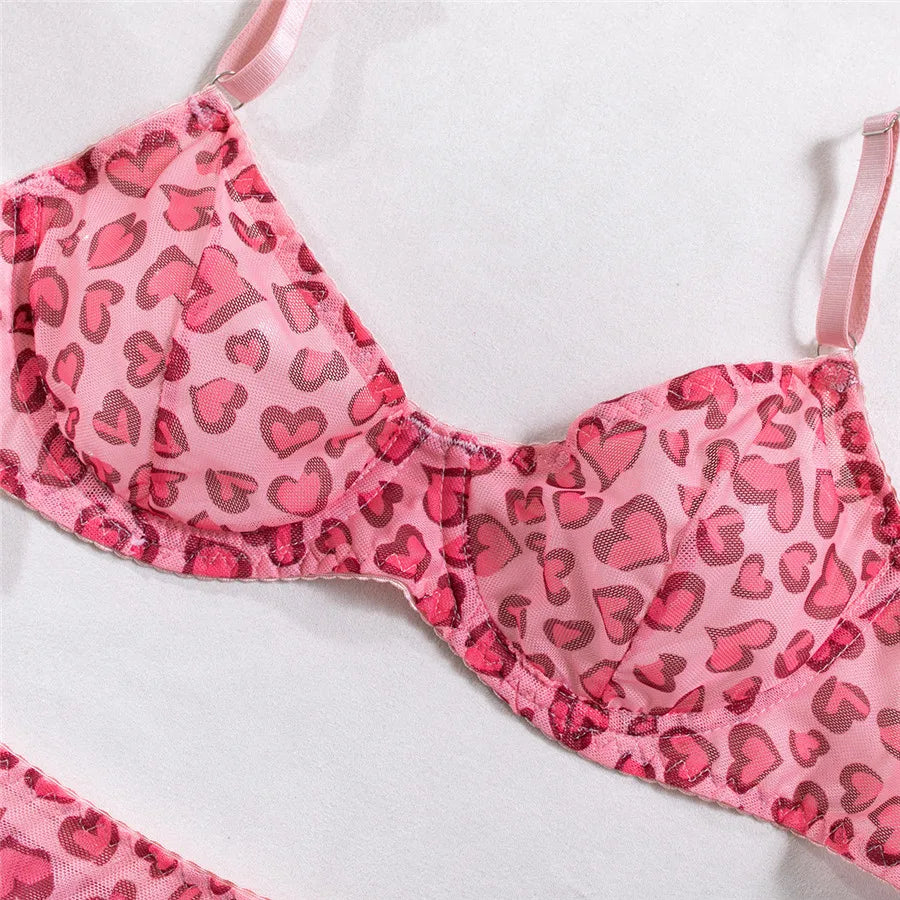 Sexy Women Lingerie Sets Lace Underwear Dot Romantic Transparent See Through Exotic Sets Underwire Pink Leopard Bra Brief Set